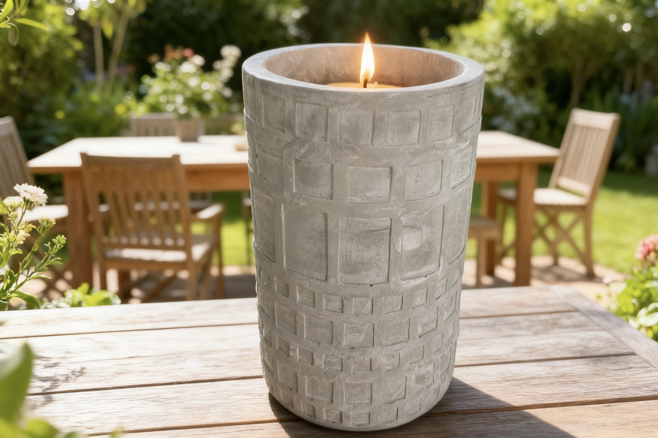 Concrete Embossing Pillar Vessel Filled Candle